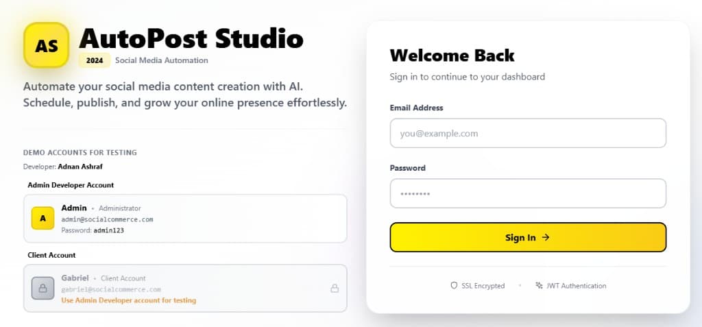 Autopost Studio login and social media automation dashboard preview