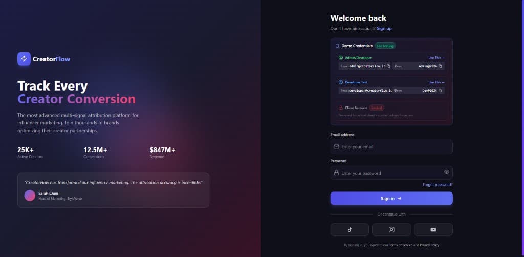 Creator Flow application — login experience preview