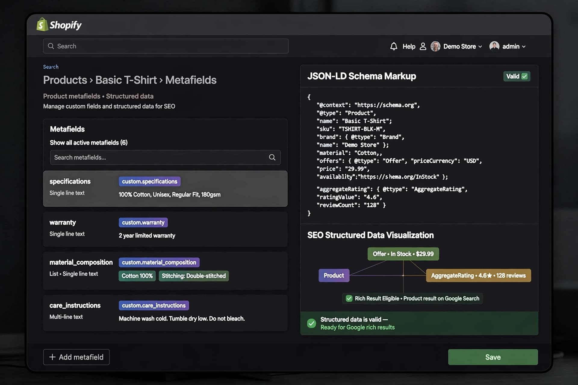 Shopify product metadata, metafields, and structured data concept