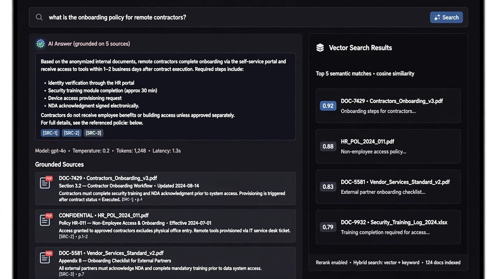 Anonymized AI knowledge-base search interface for an NDA client project