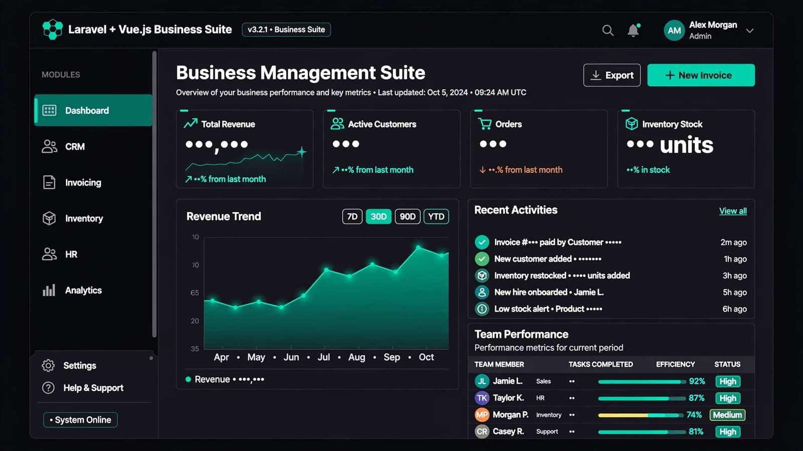 Abstract concept visual for Laravel + Vue.js Business Suite (no real client UI)