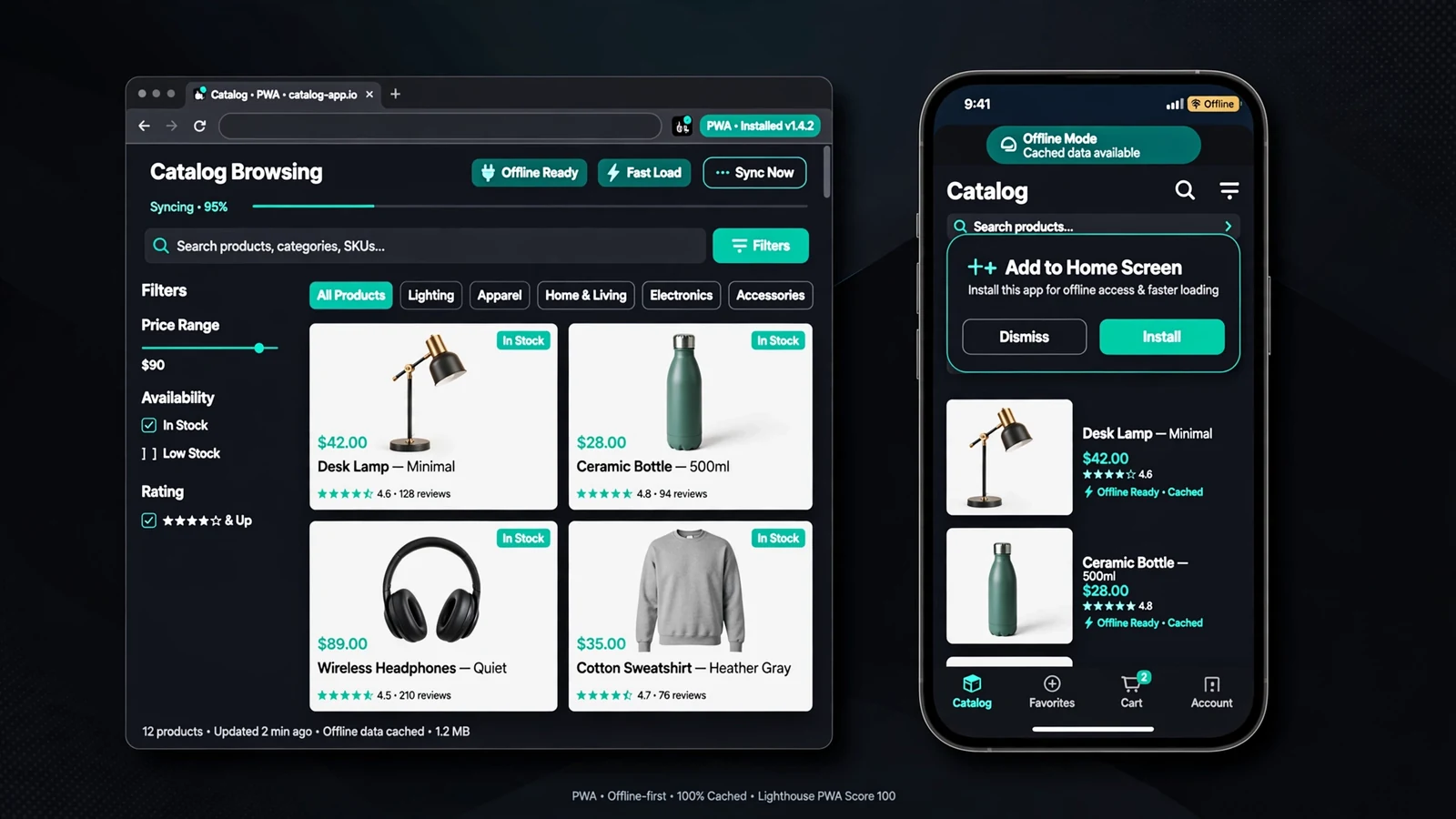 Abstract concept visual for Progressive Web App for Catalog Browsing (no real client UI)