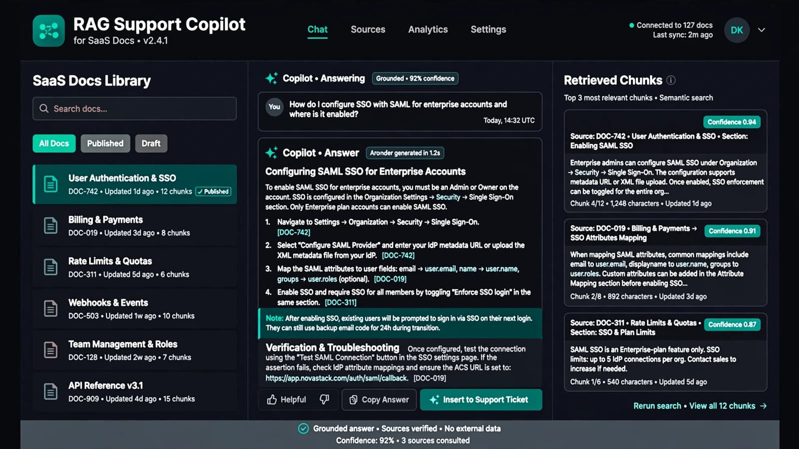 Abstract concept visual for RAG Support Copilot for SaaS Docs (no real client UI)