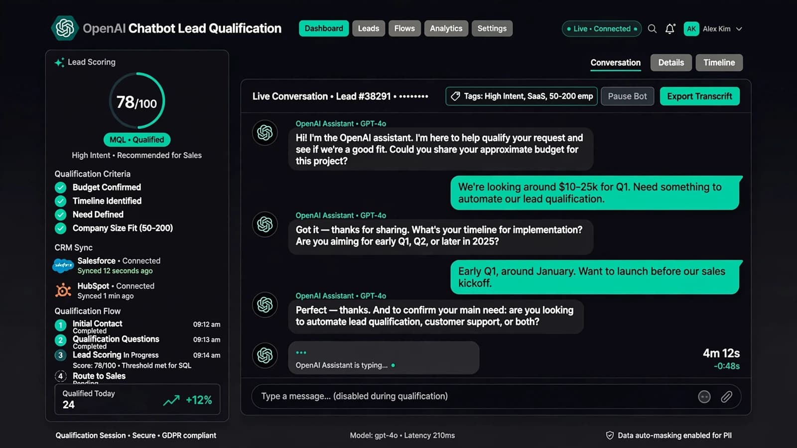 Abstract concept visual for OpenAI Chatbot Lead Qualification (no real client UI)