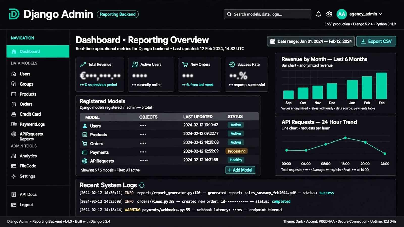 Abstract concept visual for Django Admin + Reporting Backend (no real client UI)