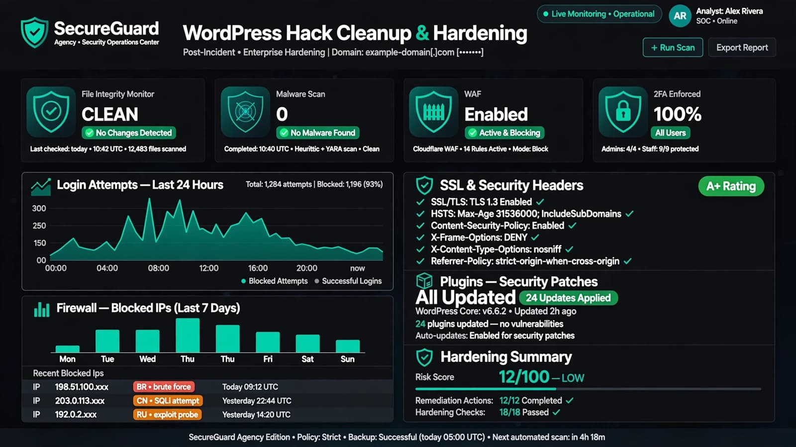 Abstract concept visual for WordPress Hack Cleanup & Hardening (no real client UI)