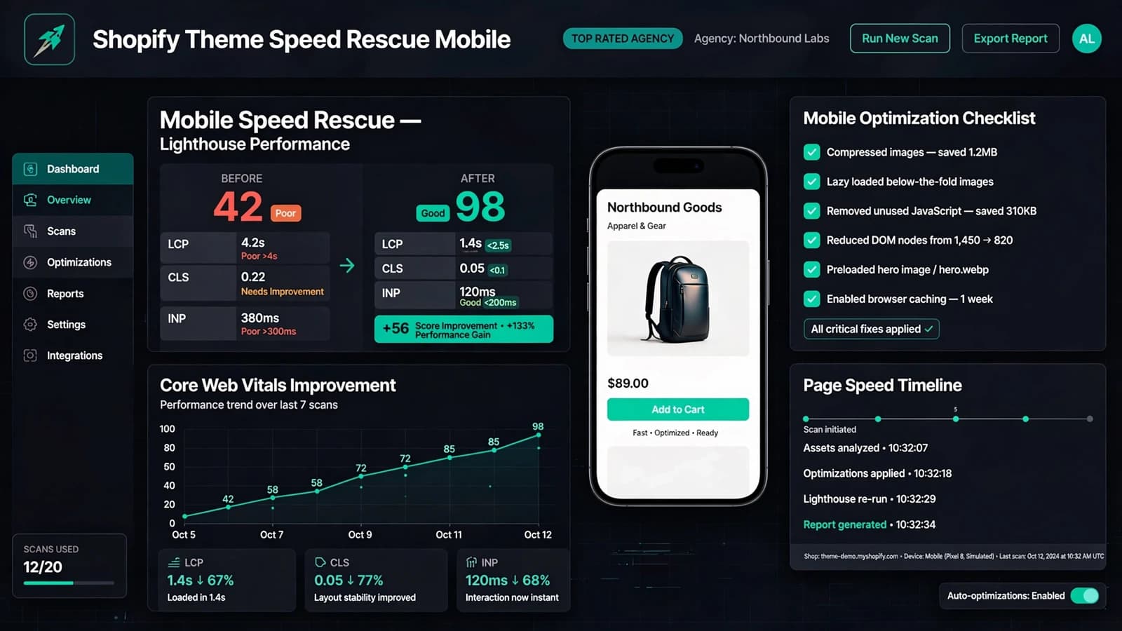 Abstract concept visual for Shopify Theme Speed Rescue (Mobile) (no real client UI)