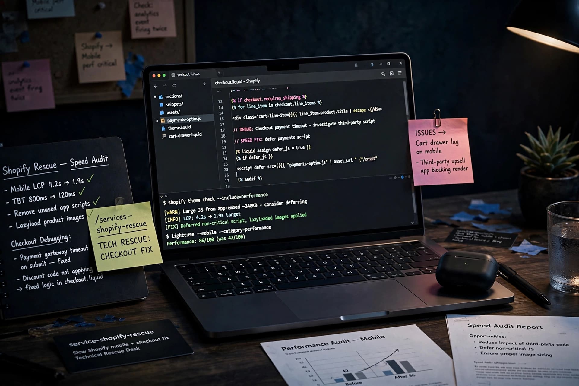 Shopify rescue workspace focused on speed, checkout, and theme stability