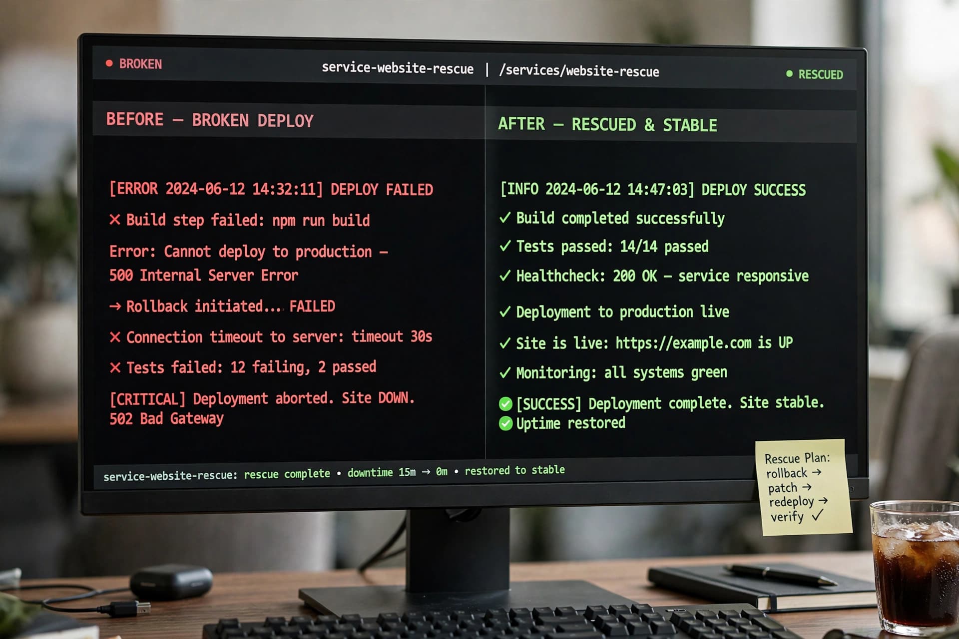 Broken production site being stabilized into a reliable live website
